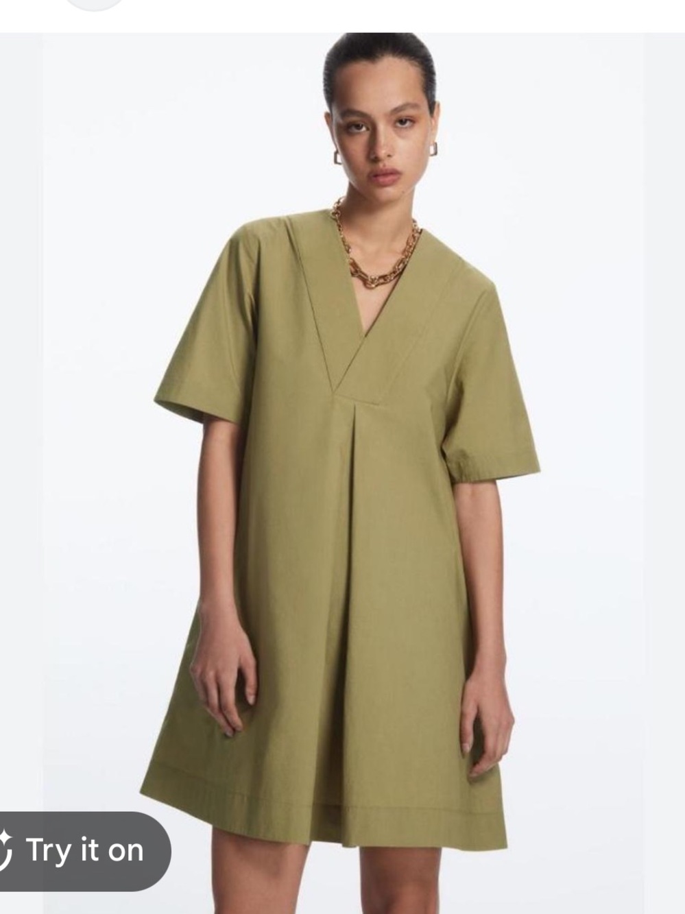 COS Pleated V Neck Poplin Dress Pockets Olive Khaki size 10